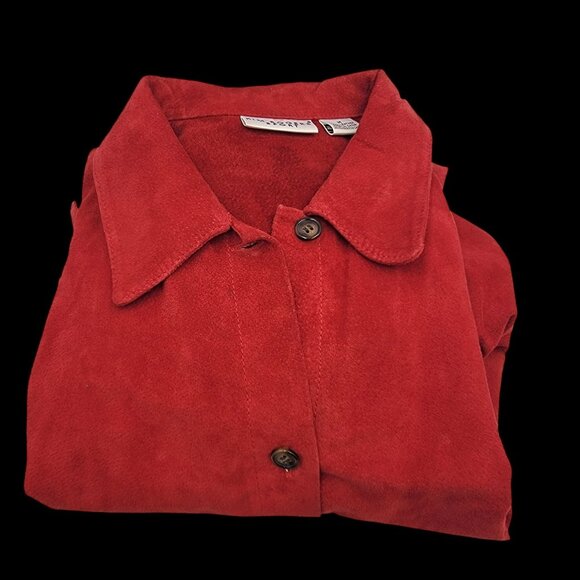 Vintage Red Suede/Leather Button-Front Women's Coat With Folded Collar & Cuffs - Picture 5 of 16